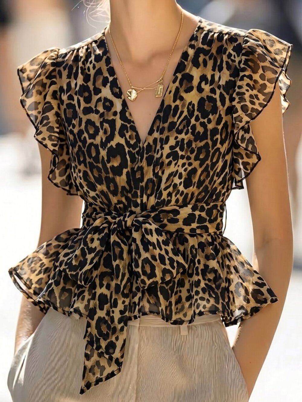 Coffee Brown Casual Women's Leopard Print V-Neck Ruffle Hem Top